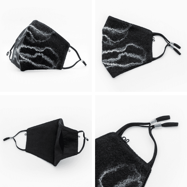 Designer Stoffmasken für Damen | Hochwertige und exklusive Mundschutz Masken | Masken aus gewebter Wolle mit Öffnung für Filter | High-End Fashion Mask Schweiz kaufen | schwarzer Kunst Farbverlauf Maske