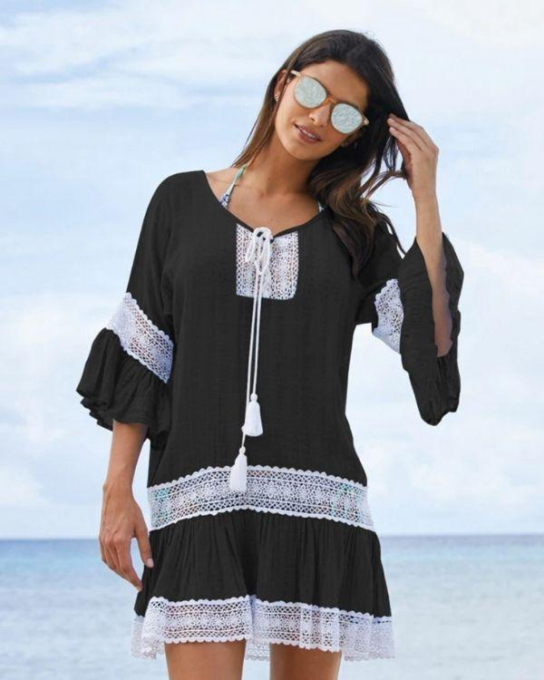 Schwarzes Strandkleid Tunika Damen Sommerkleid Spitzen Lace Stoff