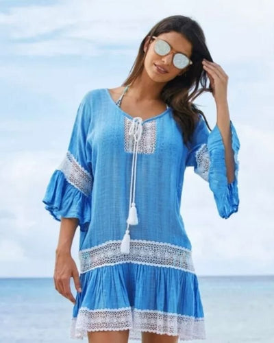 Blaues Damen Strandkleid Beach Kleid Boho Hippie Style Fashion