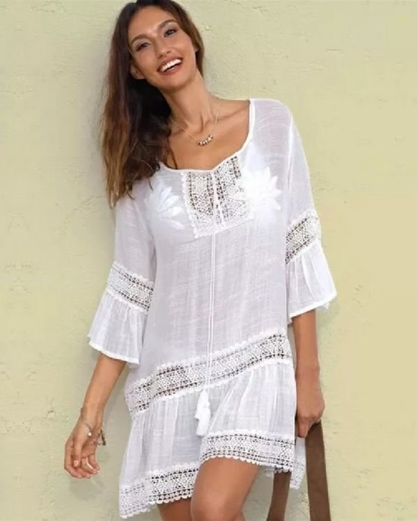 Weisser Damen Tunika Kleid Sommerkleider 