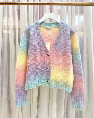 Regenbogen Strickjacke mit Zopfmuster - Kuschelige Damen Cardigan Strickjacke Hippie Farbig Style