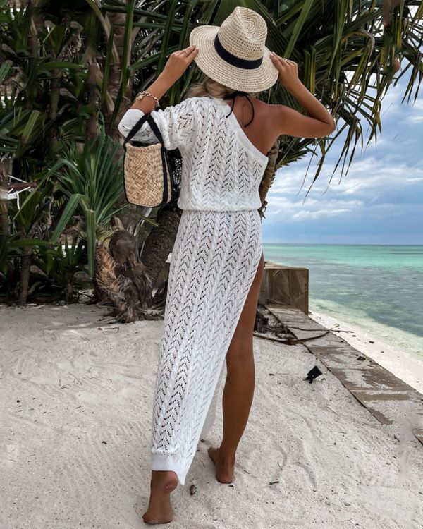 Weisses Beach Crochet Maxi Kleid mit One-Shoulder Schnitt 