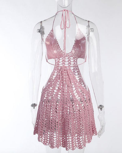 Rueckenfreies Crochet Haekelkleid Strickkleid zum binden auf der Rueckseite