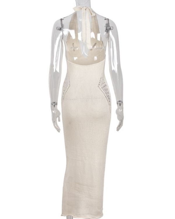 Weisses Damen Cut-Out Kleid im Knitted Strick Style - Boho Fashion Kleid 