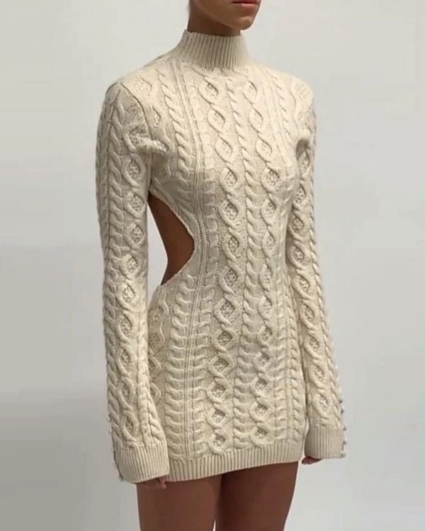 Creme Kleid mit Zopfmuster und Rueckenfrei - Damen Bekleidung online kaufen Schweiz
