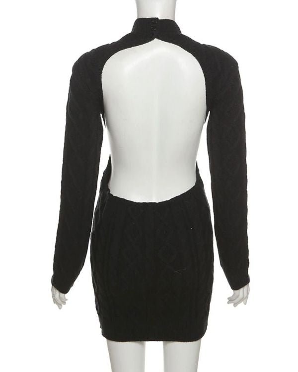 Schwarzes Rueckenfreies Strickkleid langarm mit Zopfmuster - Damen Kleider online kaufen