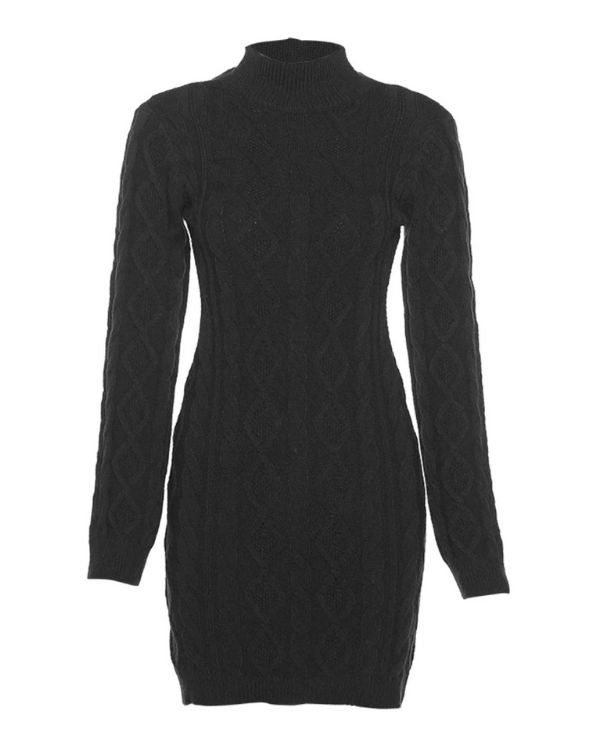 Schwarzes Strickkleid mit Zopfmuster - Langarm Herbst Winter Kleid Damen