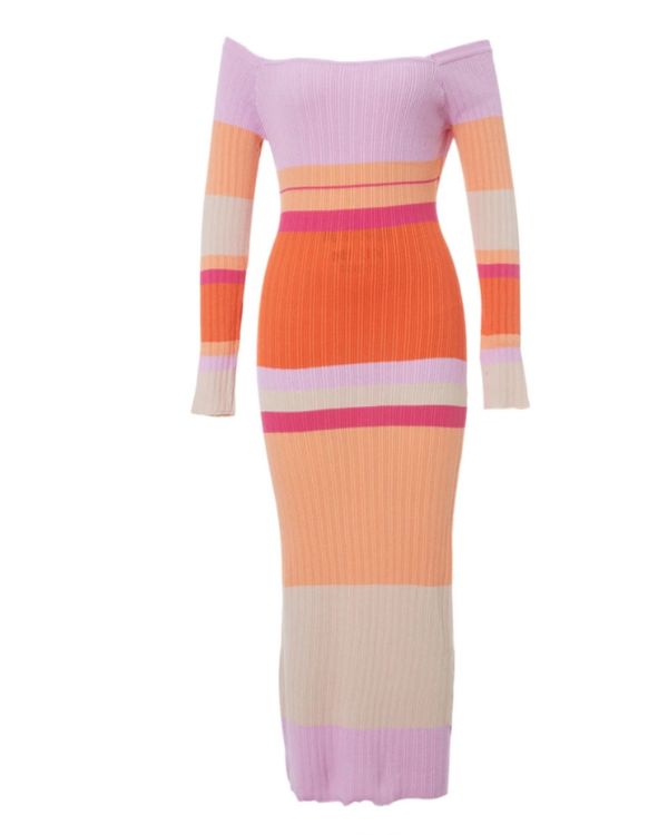 Farbiges langes Damen Kleid in rosa orange gestreift Strick