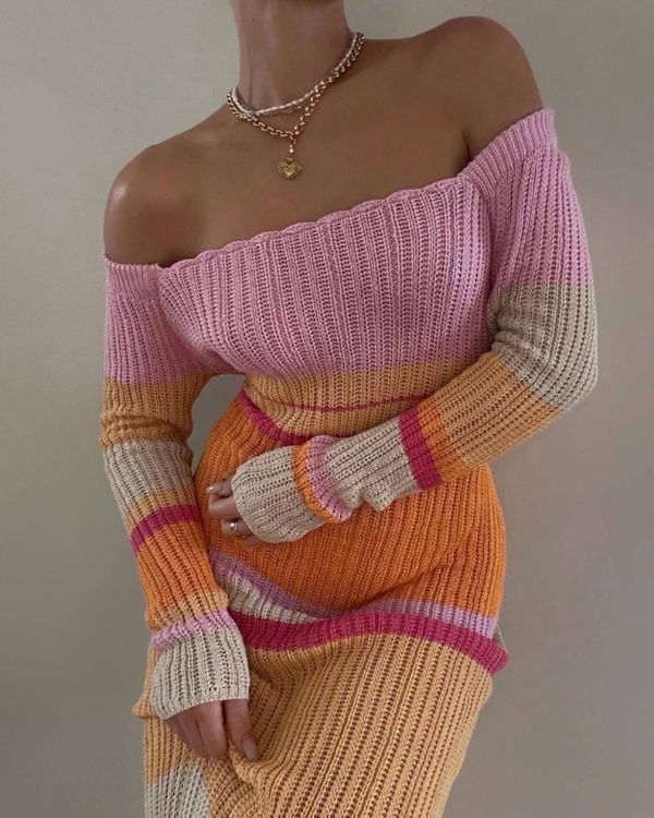 Farbiges Pastell Strick Look Kleid - Schulterfreies Damen Kleid in orange rosa