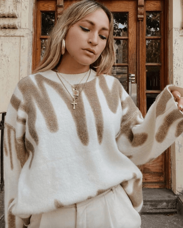 Oversize Damen Strickpullover | Pullover weit geschnitte mit schönem Farbverlauf Muster in beige braun | Strickkleider Damen Loungewear