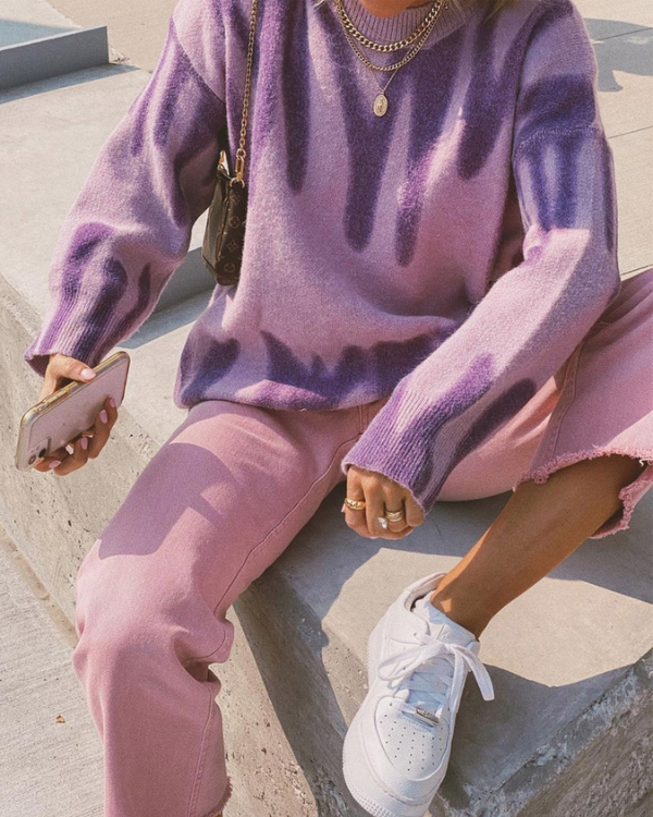 Oversize Damen Strickpullover | Pullover weit geschnitte mit schönem Farbverlauf Muster in lila violett | Strickkleider Damen Loungewear