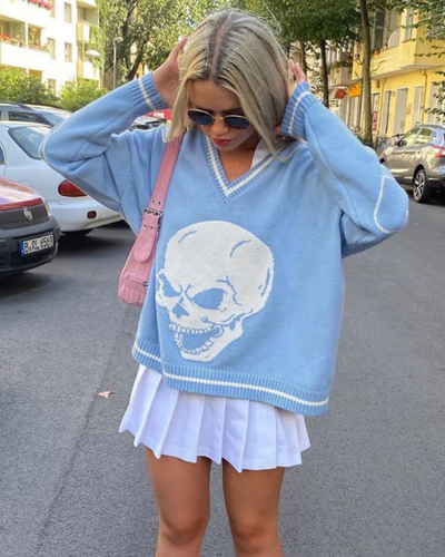 hellblau Totenkopf Pullover Strick Style Damen | Strickpullover damen mit Skull 