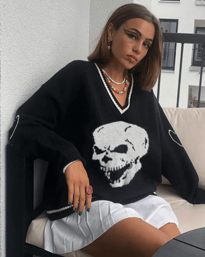 schwarzer Totenkopf Pullover Strick Style Damen | Strickpullover damen mit Skull 