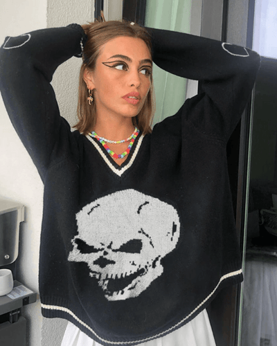 Totenkopf Pullover Strick Style Damen | Strickpullover damen mit Skull 