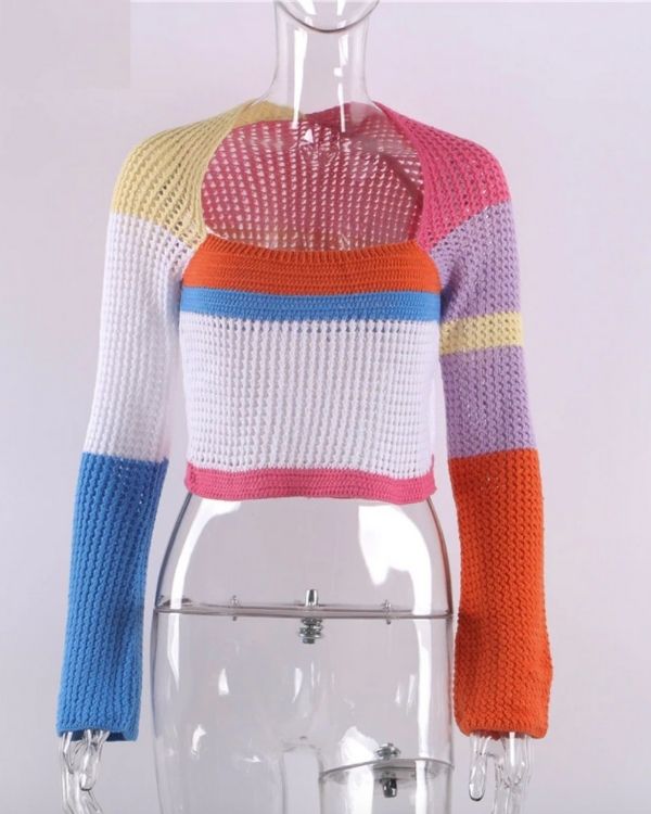Strick Damen Pullover Square Ausschnitt und bunten Farb Abschnitten