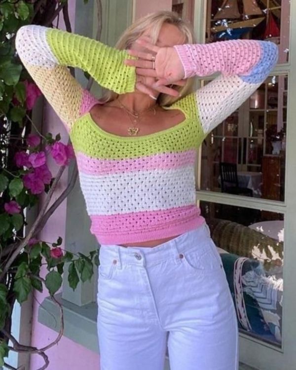 Damen Strick Pullover rosa-weiss-gruen gemischt - Bunter Grob Strick Pullover Sweater mit Square Ausschnitt 