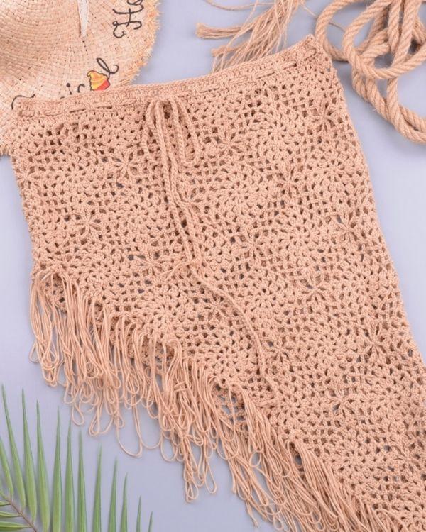 Beige Brauner Rock gestrickt gehaekelt mit Cut-Outs und Fransen - Knitted Crochet Fransen Boho Ibiza Damen Rock