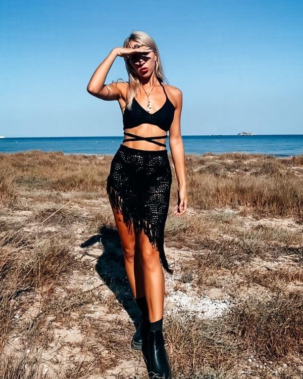 Schwarzer Crochet Haekel Rock Damen Asymmetrisch - Festival Boho Outfit