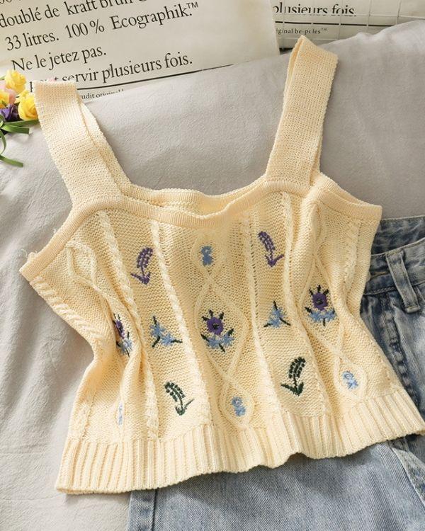 Gelbes Crochet Top Stricktop Crop Blumen Stickerei Zopfmuster