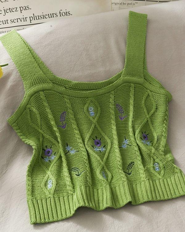 Grünes Crop Top mit Blumen Stickerei