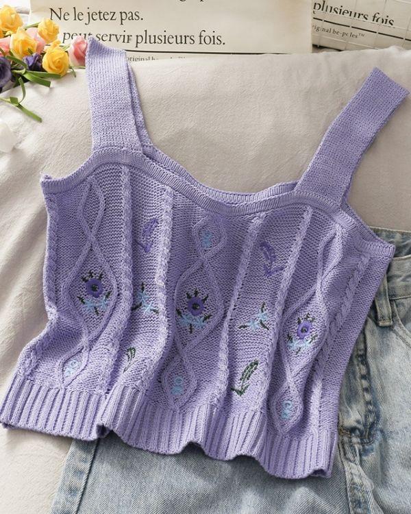 Violettes Flieder Crochet Top mit Blumen Stickerei - Vintage Boho Style