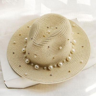 Beiger Damen Sommerhut Panamahut Strohhut mit Perlen
