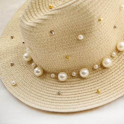 Strohhut mit Perlen Details Dekoration - Beiger Sommerhut