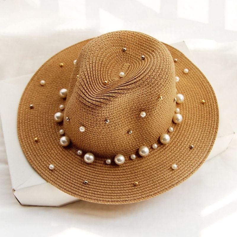 Brauner Perlenhut Damen Strohhut mit breiter Krempe im Schweizer Shop kaufen 