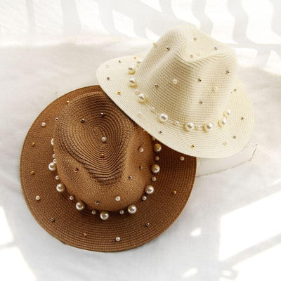 Brauner und weisser Sommerhut Damen mit Perlen Details - Strohhut kaufen Schweiz