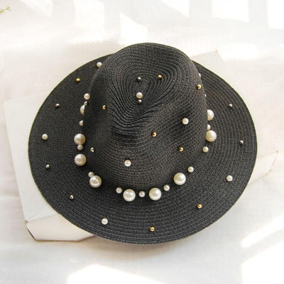 Schwarzer Damen Sommerhut Strohhut Panamahut mit Perlen und breiter Krempe