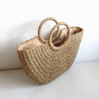 Beige Korb Strohtasche gewobene Tasche im Boho Beach Look