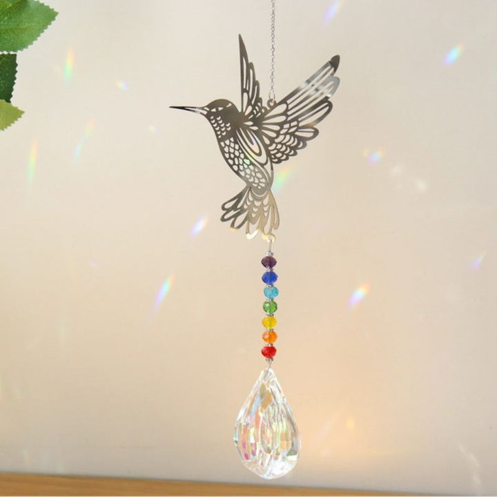 Sonnenfanger Suncatcher mit Chakra Steinen und Kolibri Symbol und grossem Kristallstein 