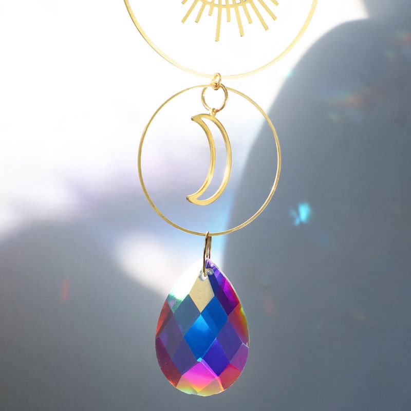 DyNec Sonnenfänger Mond & Sterne – Mit Amethyst-Kristall, Goldener Kette, Für Fenster & Garten