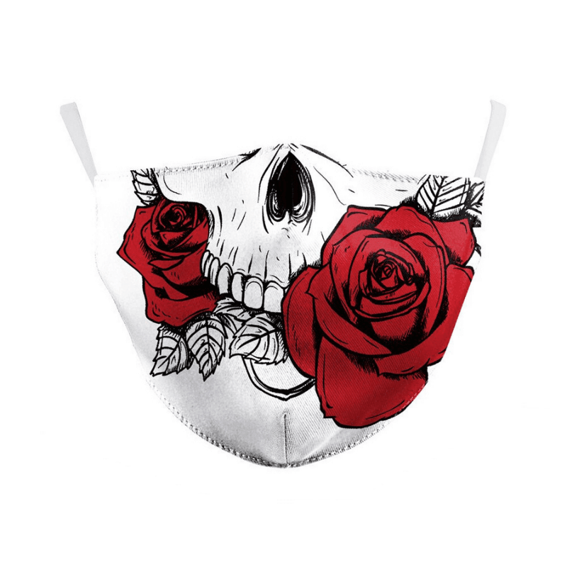 Stoffmasken weiss mit Totenkopf Gesicht und Rosen Symbolen 