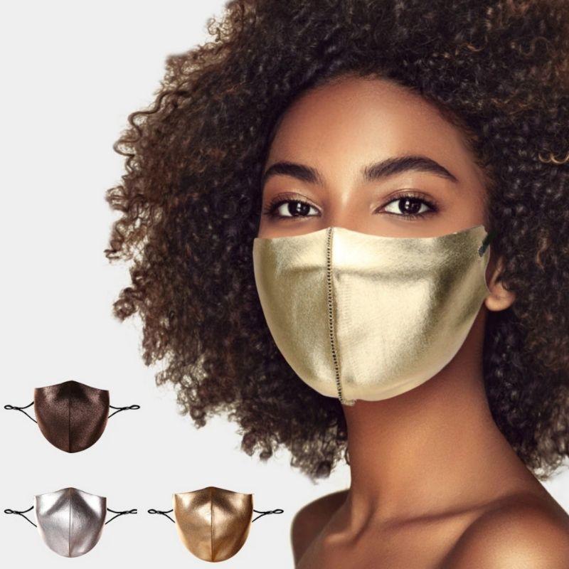 Fashion Textilmasken Stoffmasken im Neopren Seiden Style mit Metall Effekt in gold silber und braun - Masken Onlineshop Schweiz