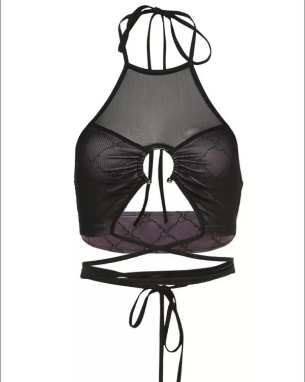 Party Bandage Style Crop Top mit Traeger zum binden - schwarzes Damen Fashion Mesh Crop Top Bandage 