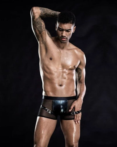 Schwarzes Mesh Lack Boxershorts Herren mit Riemen und Schnallen auf den Seiten