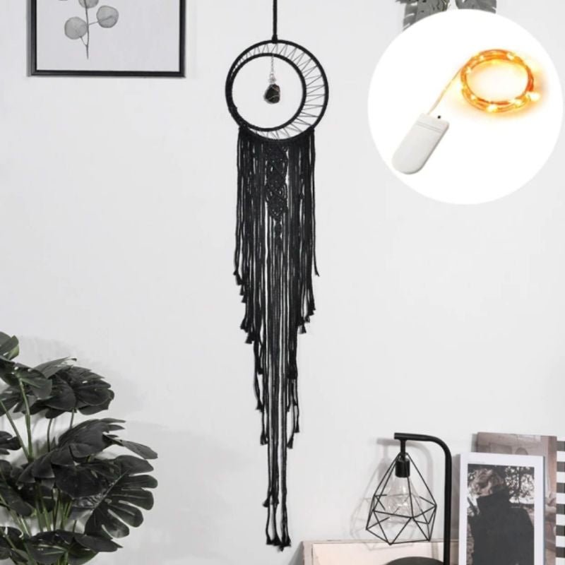 Schwarzer Traumfaenger Dreamcatcher mit Mond Symbol und langen Fransen - Boho Home Wand Dekoration Schweiz Just Style
