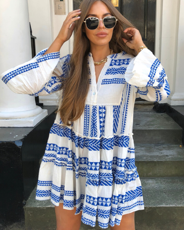 Tunika Kleid Ethno Style Floral und Grafische Muster. Bohemian Ibiza Style Sommerkleid Damen