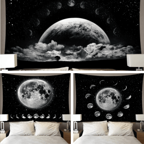 Wand Deko Tuch schwarz mit Mondphasen und Sternenhimmel | Wandteppich Wandtuch mit Sternen und Mond und Wolken Motiven | Psychedelic Hippie Style Wand Dekoration für dein Zuhause