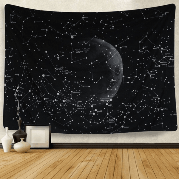 Wand Deko Tuch schwarz mit Mondphasen und Sternenhimmel | Wandteppich Wandtuch mit Sternen und Mond und Wolken Motiven | Psychedelic Hippie Style Wand Dekoration für dein Zuhause