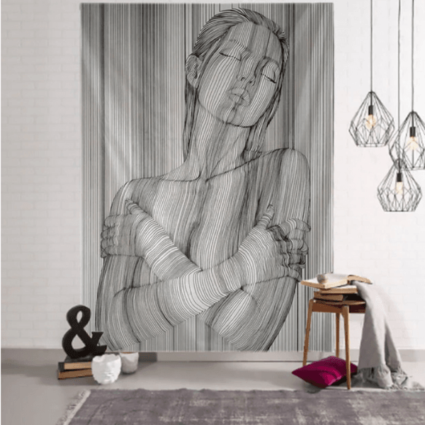 Erotische Wand Deko Tuch Kunst für dein Zuhause | Dekoration mit nackter gezeichneter Frau auf Tuch | Dekoration Wandtuch mit Frau Abbildung 