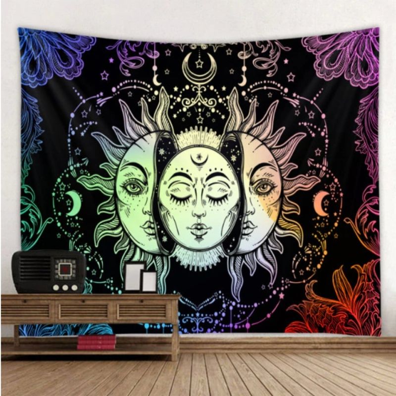 Wandtuch Home Dekoration Sonne Mond und Stern in Farbig mit schwarzem Hintergrund - Boho Home Deko Wohnaccessoires online kaufen