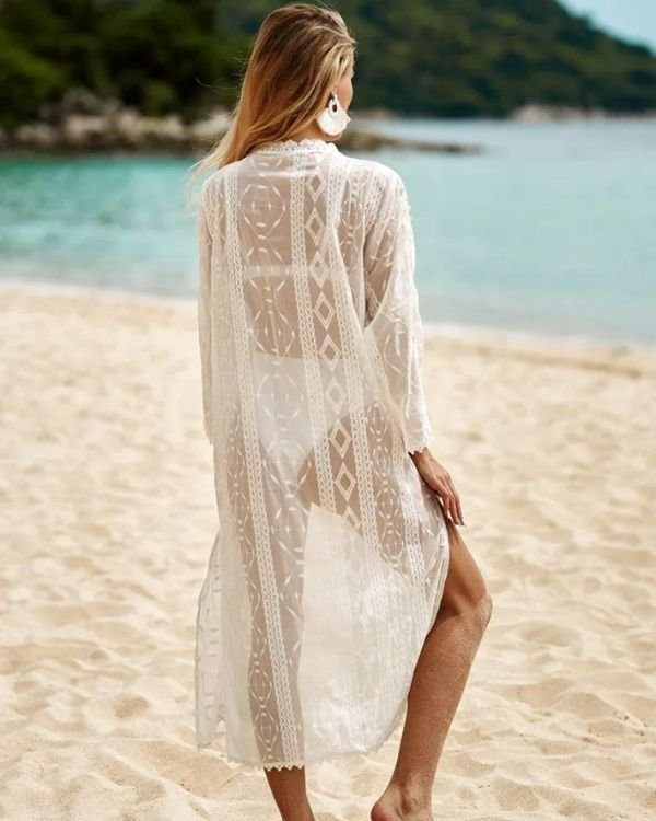 Weisser Beach Boho Kimono mit schoenen Ethno Mustern - Transparenter Strand Kimono Kleidung 