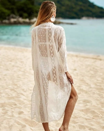 Weisser Beach Boho Kimono mit schoenen Ethno Mustern - Transparenter Strand Kimono Kleidung 
