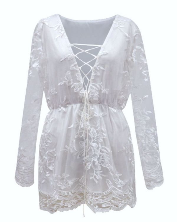 Sommerkleid Damen | Weisses kurzes Spitzen Kleid