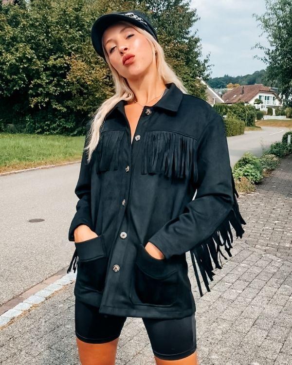 Wildleder Style Fransenjacke Schwarz - Dame Boho Fransen Jacke Uebergangsjacke Herbst Jacke