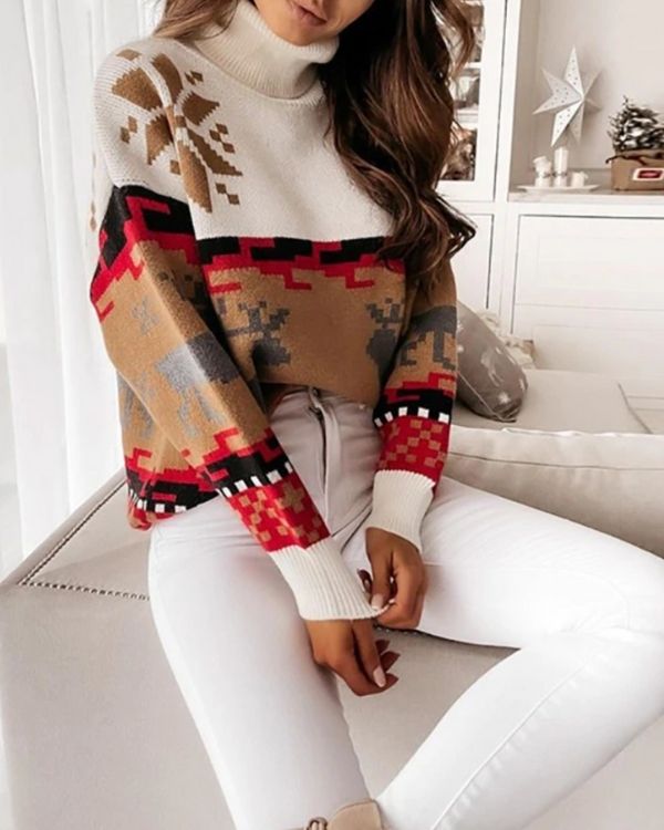 Weiss brauner Damen Rollkragen Pullover Winterpullover mit Schneeflocken und Rentieren - Weihnachtspullover Damen online kaufen