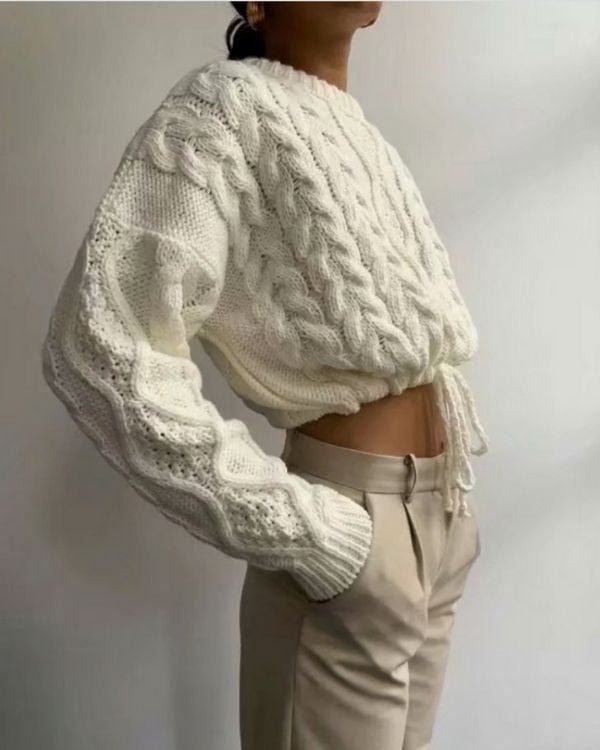 Weisser Damen Strickpullover mit Zopfmuster - Leicht Bauchfreier Pullover mit Schnurr auf der Unterseite 