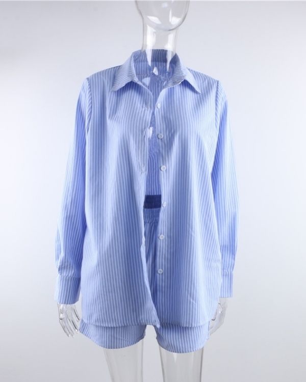 Damen Zweiteiler Pyjama aus Shorts und Bluse blau-weiss gestreift